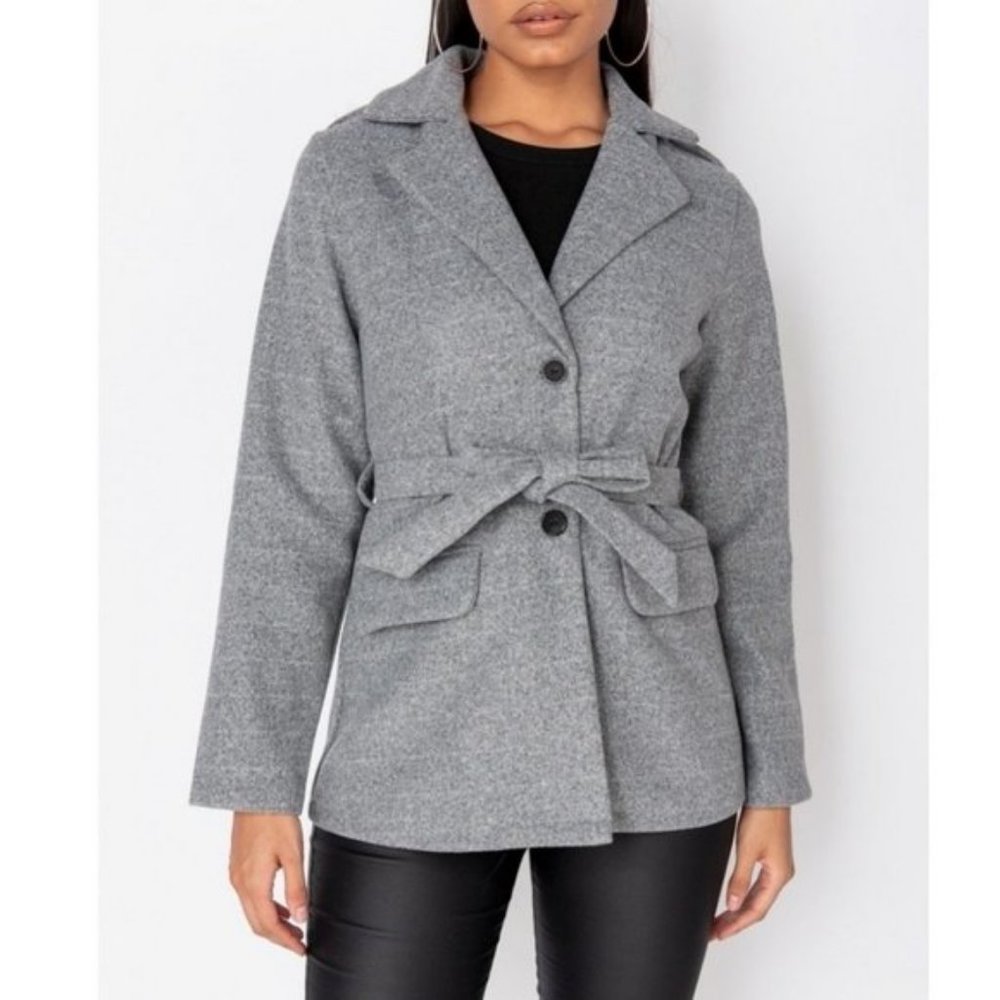 Gray Wool Blend Long Sleeve Belted Jacket - Picture 9 of 10